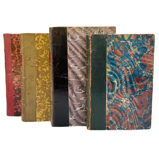 French Antique Marbalized Covers with Red & Brown Leather Binding 1865-1917 - set of 4
