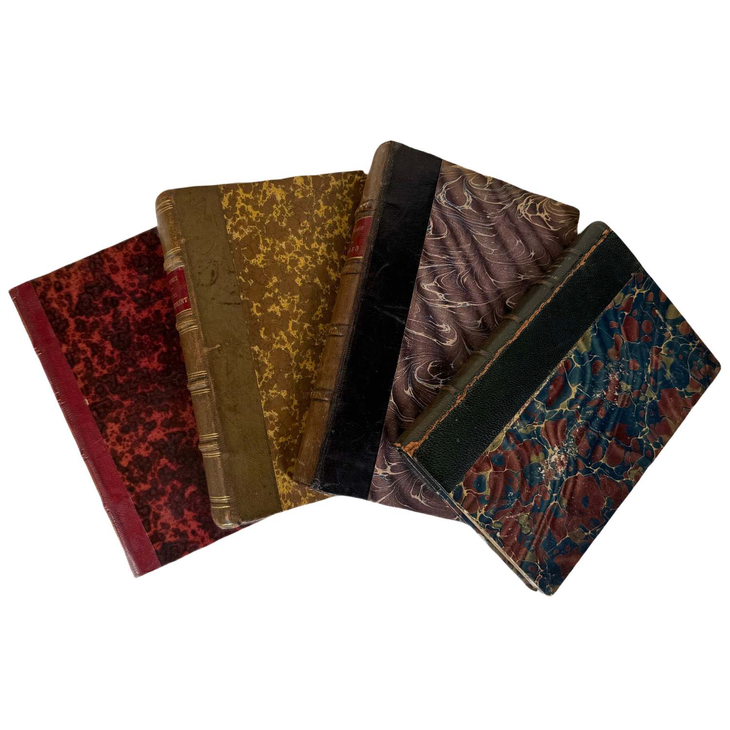 French Antique Marbalized Covers with Red & Brown Leather Binding 1865-1917 - set of 4