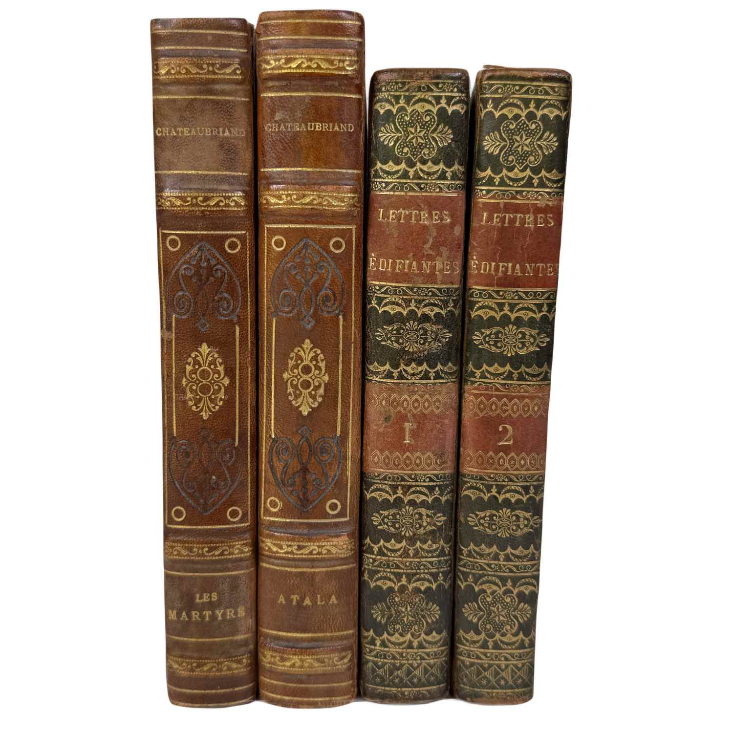 French Antique Love Novels & Edifying Letters of Missionaries in Red & Brown - set of 4
