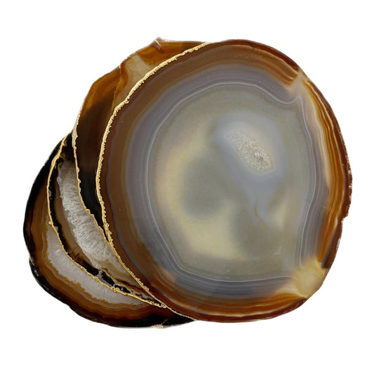 Coasters Large Natural Brown Agate with Gold Trim - Set of 4