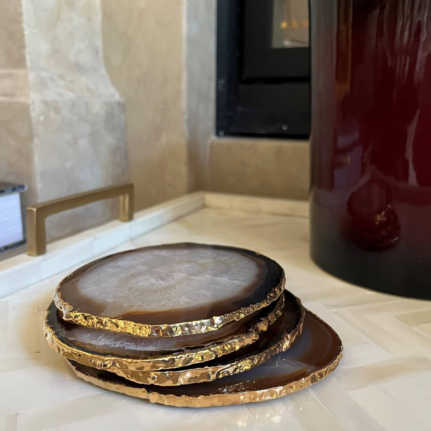 Coasters Large Natural Brown Agate with Gold Trim - Set of 4