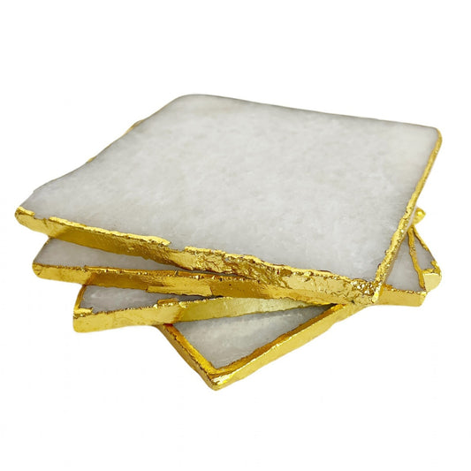 Coasters Square Natural Cloudy Quartz with Gold Trim - Set of 4
