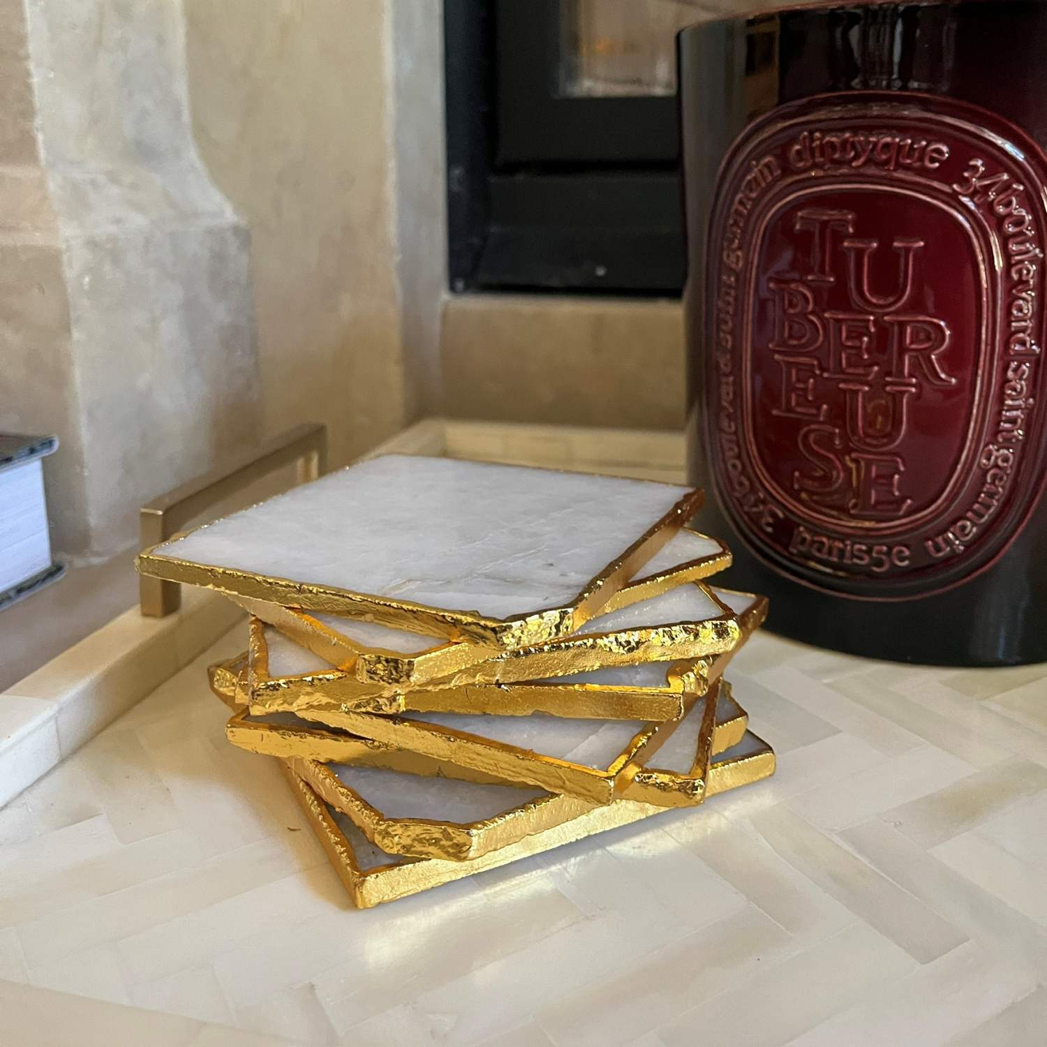 Coasters Square Natural Cloudy Quartz with Gold Trim - Set of 4