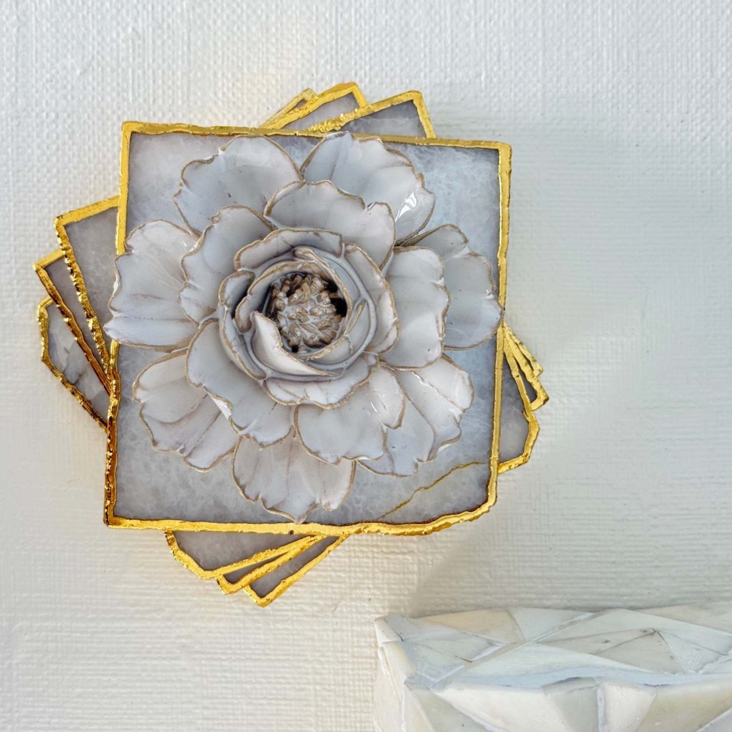 Coasters Square Natural Cloudy Quartz with Gold Trim - Set of 4