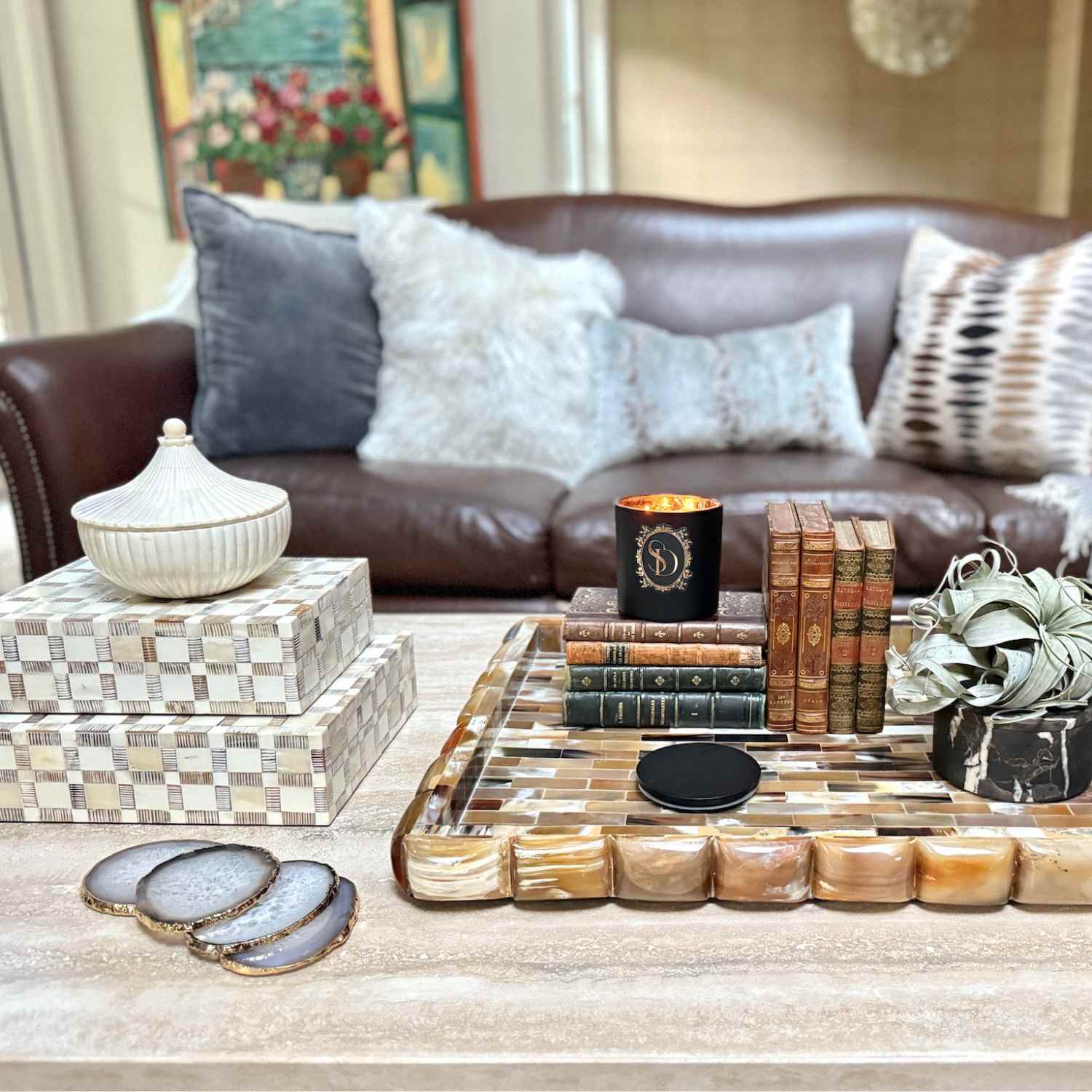 Coasters Large Natural Grey Agate with Gold Trim - Set of 4