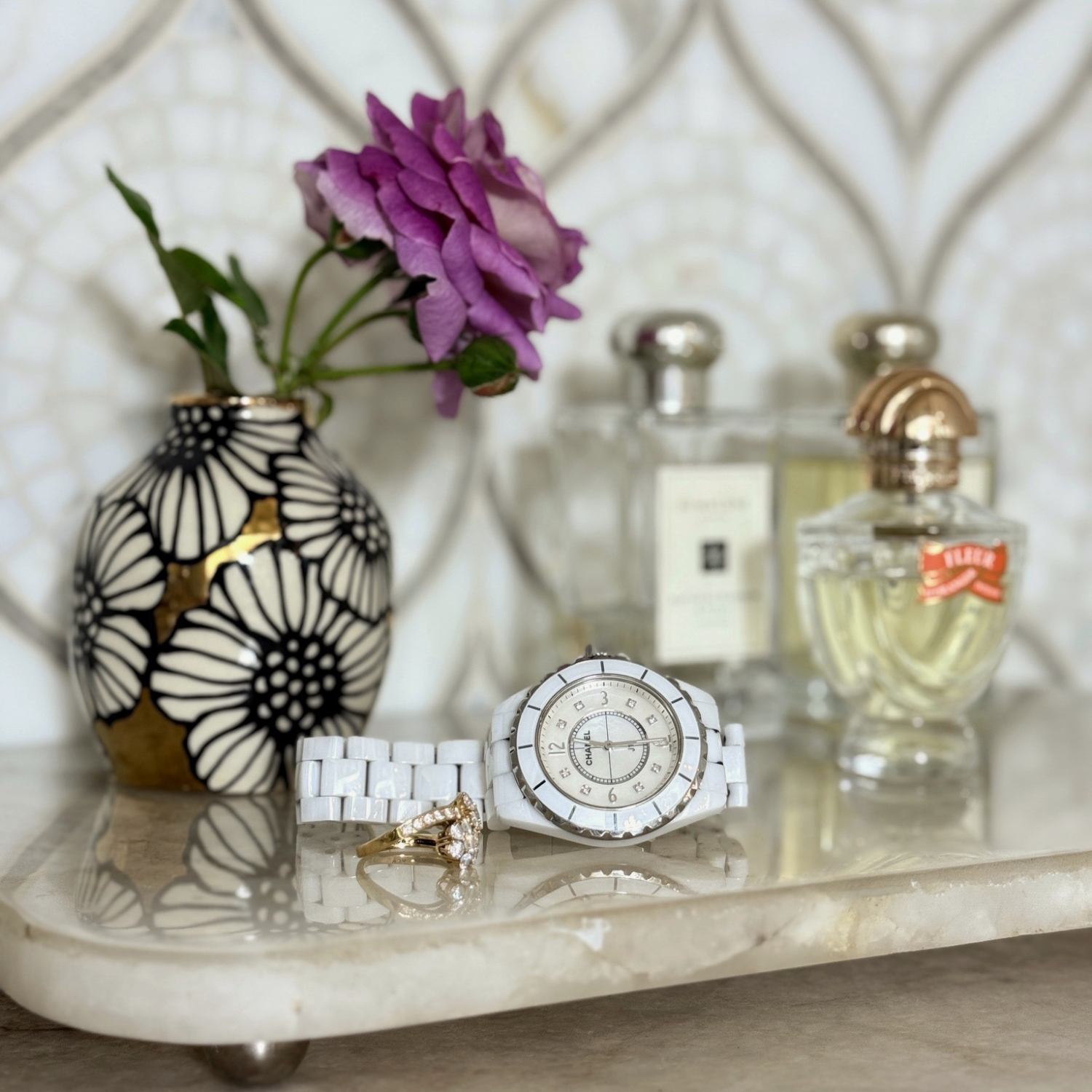 White Quartz Trays with Silver Feet – Set of 2