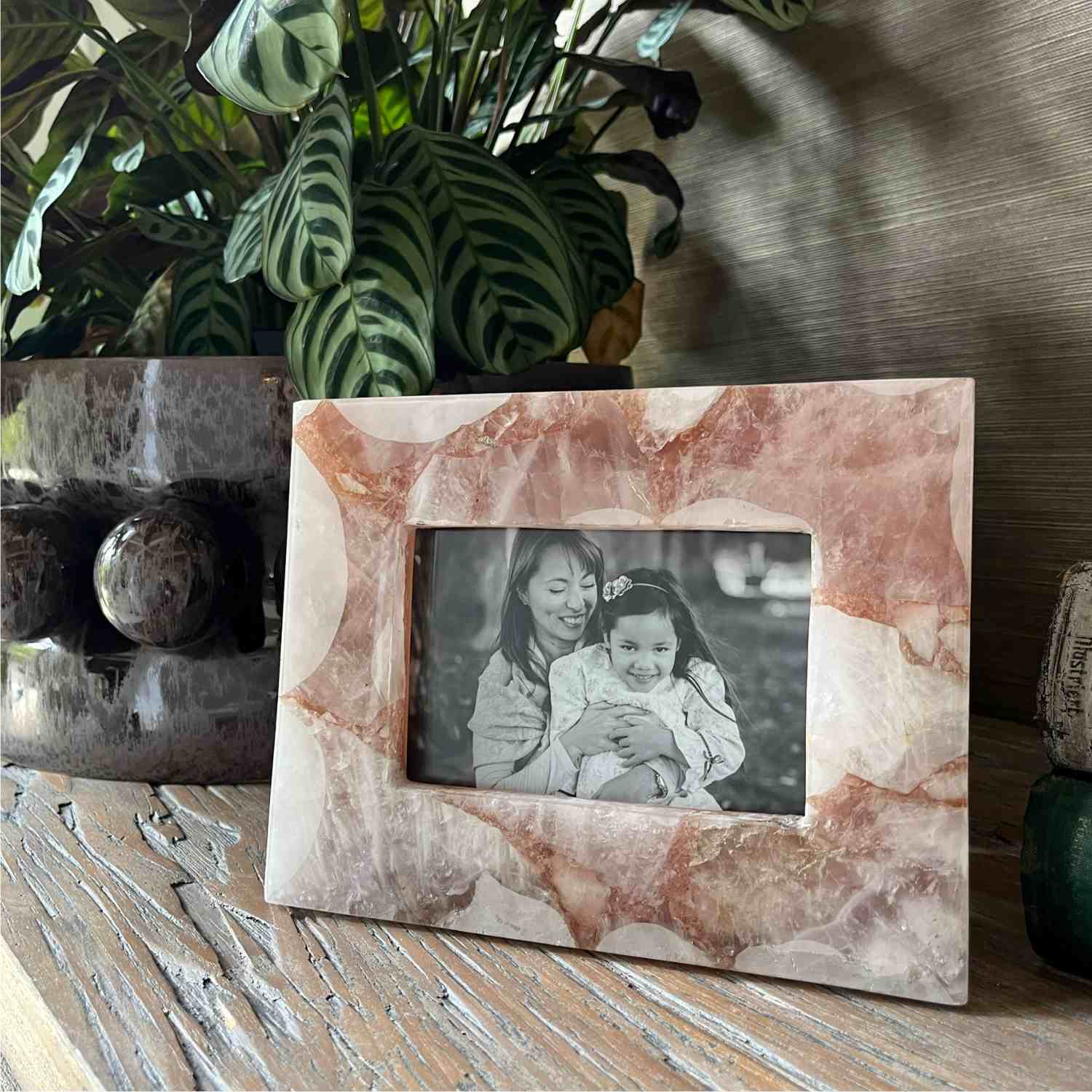 Rectangular frame in rose quartz, 4x6 inches.