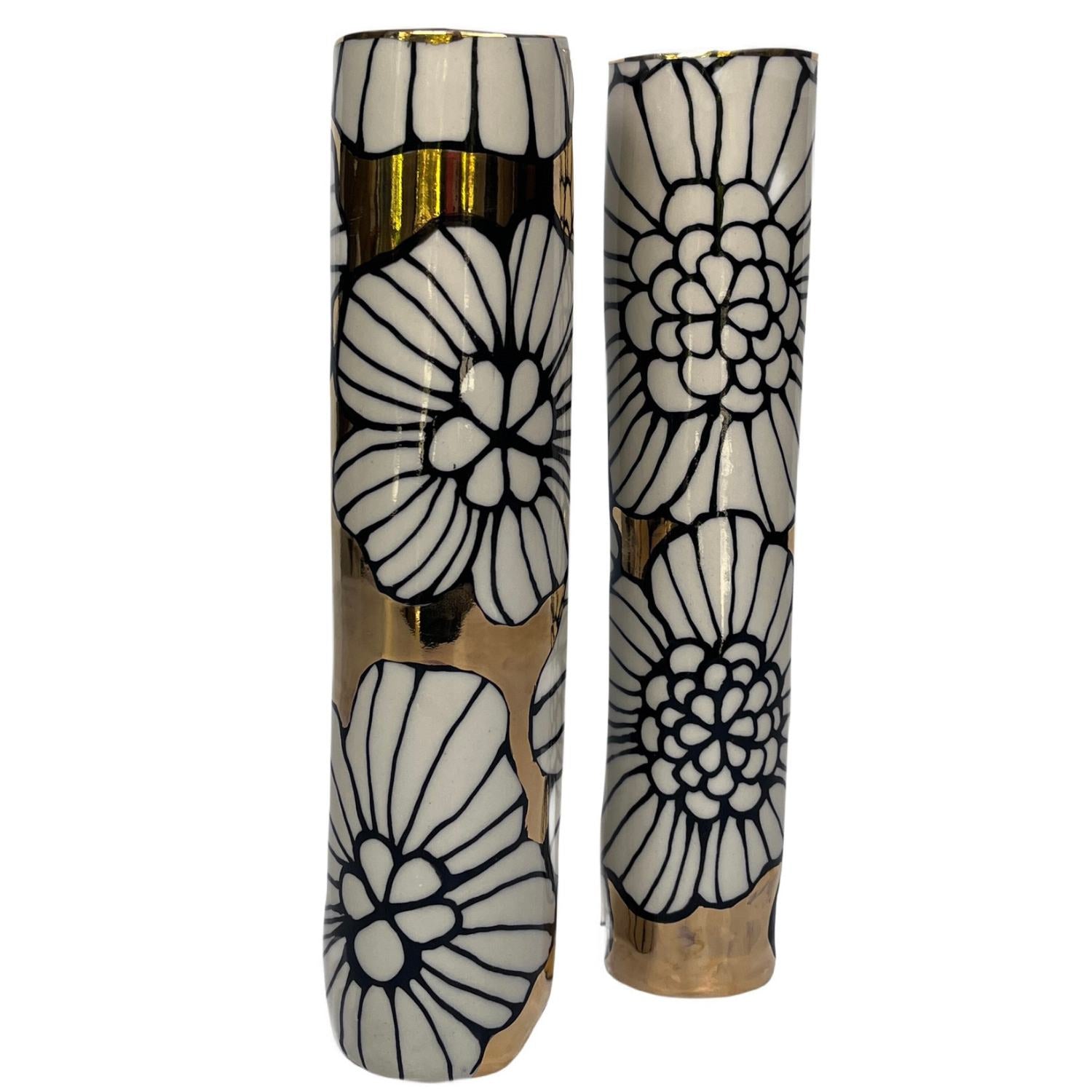 Tall & Narrow Ceramic Floral Vase in 22K Gold