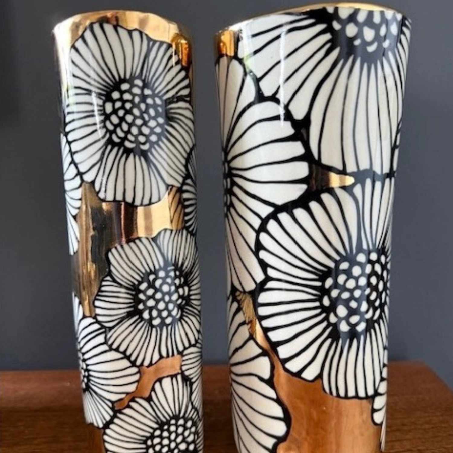 Tall & Narrow Ceramic Floral Vase in 22K Gold